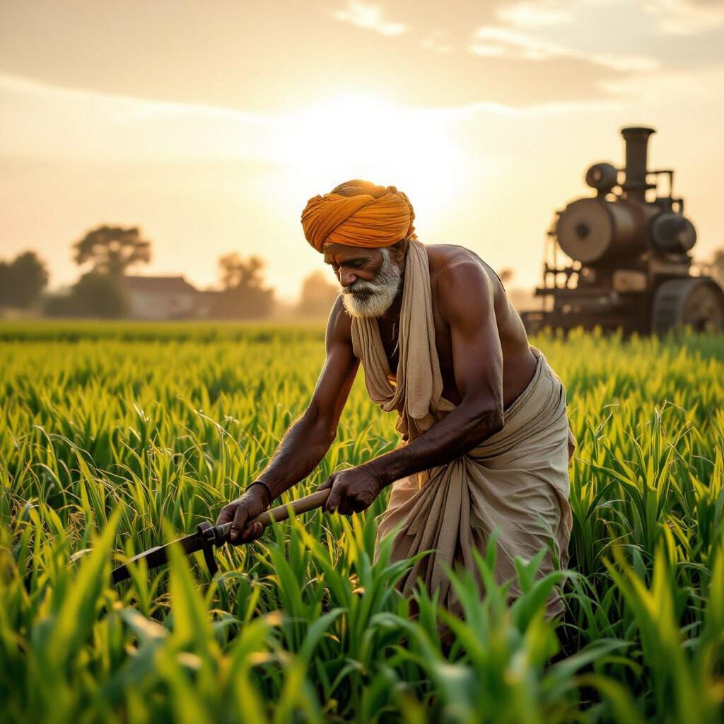 Elderly Indian Farmer Harvesting Crops in Golden Sunlight