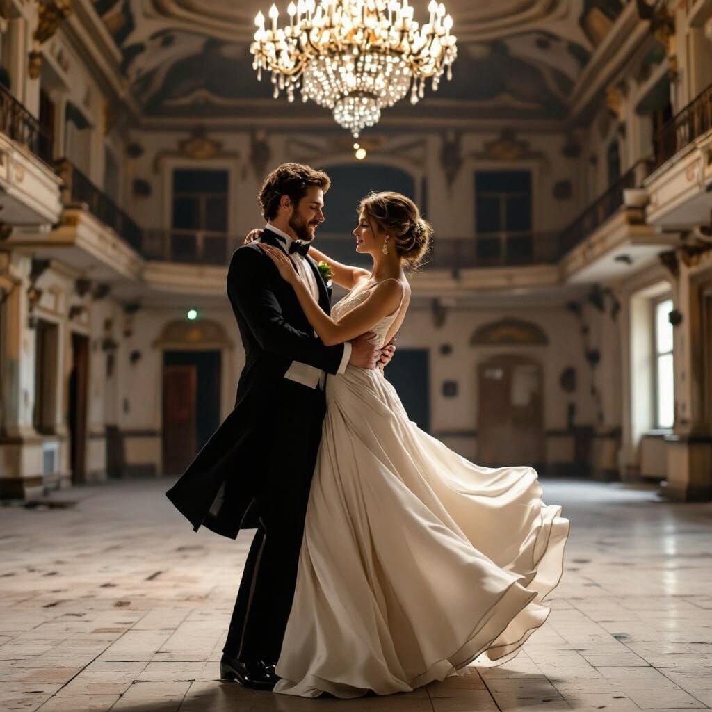 Elegant Couple Waltzing in a Moody, Rundown Ballroom