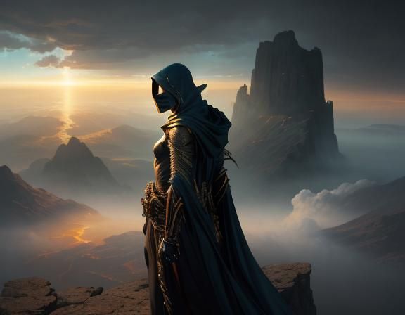 Mystical Figure at Precipice with Clockwork, Digital Art