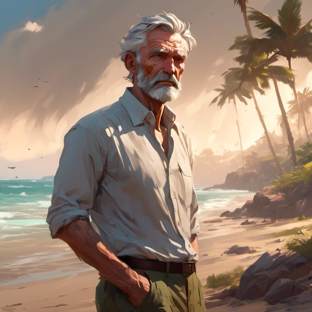 Proud Old Man on Beach: Digital Art Portrait