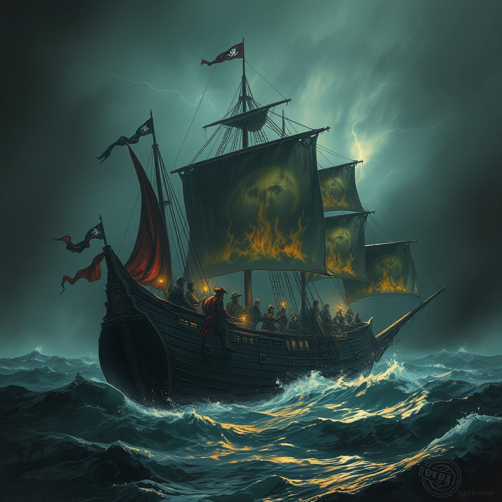 Ghostly Pirates Sail in a Thunderous Storm