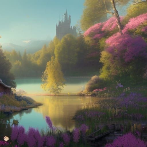 Whimsical Victorian Castle Amidst Vibrant Blooms and Turquoi...