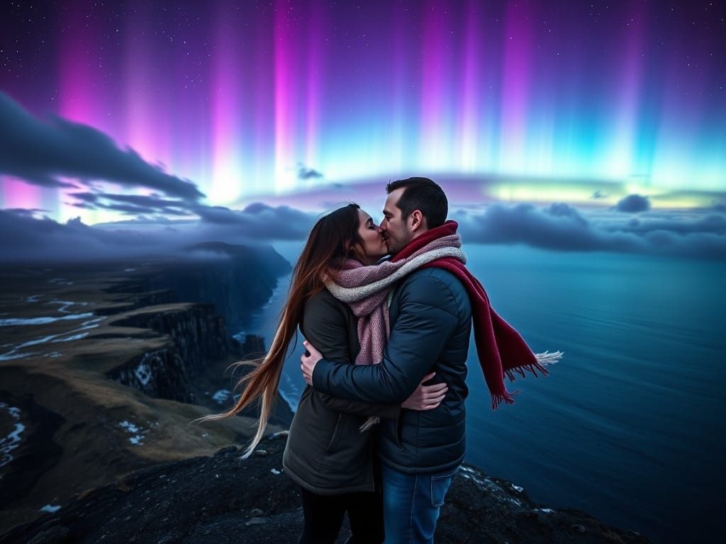 Romantic Kiss Under the Aurora Borealis