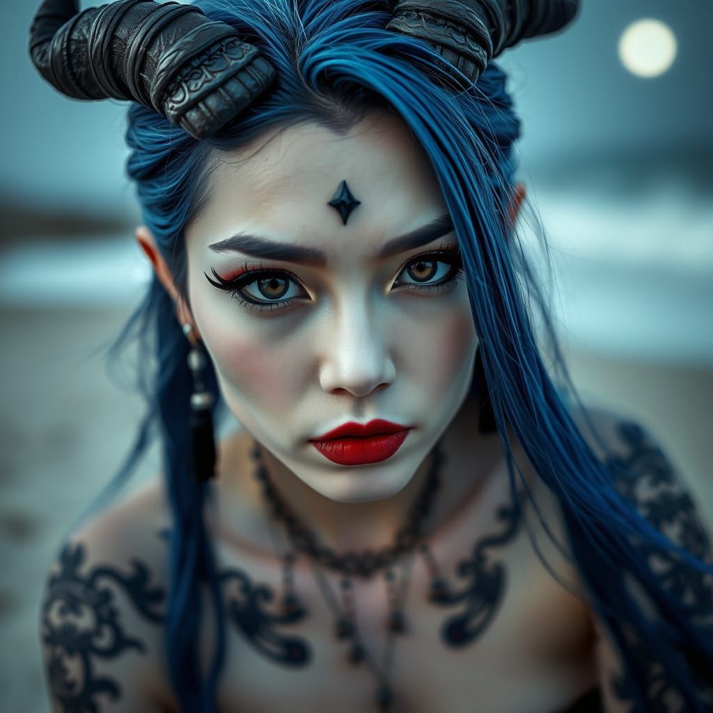 Diablesse Portrait on Beach Under Moonlight