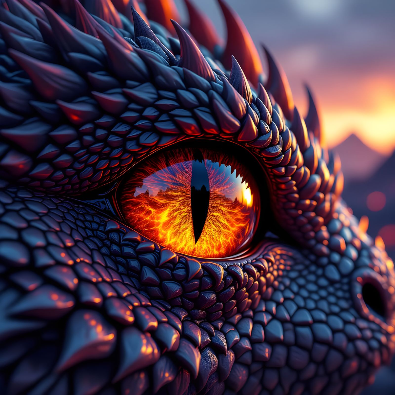 Dragon's Eye Reflecting Fiery Landscape as Matte Painting