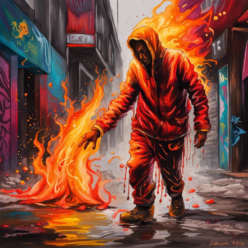 Fiery Man Confronts Villain in Graffiti Art Style