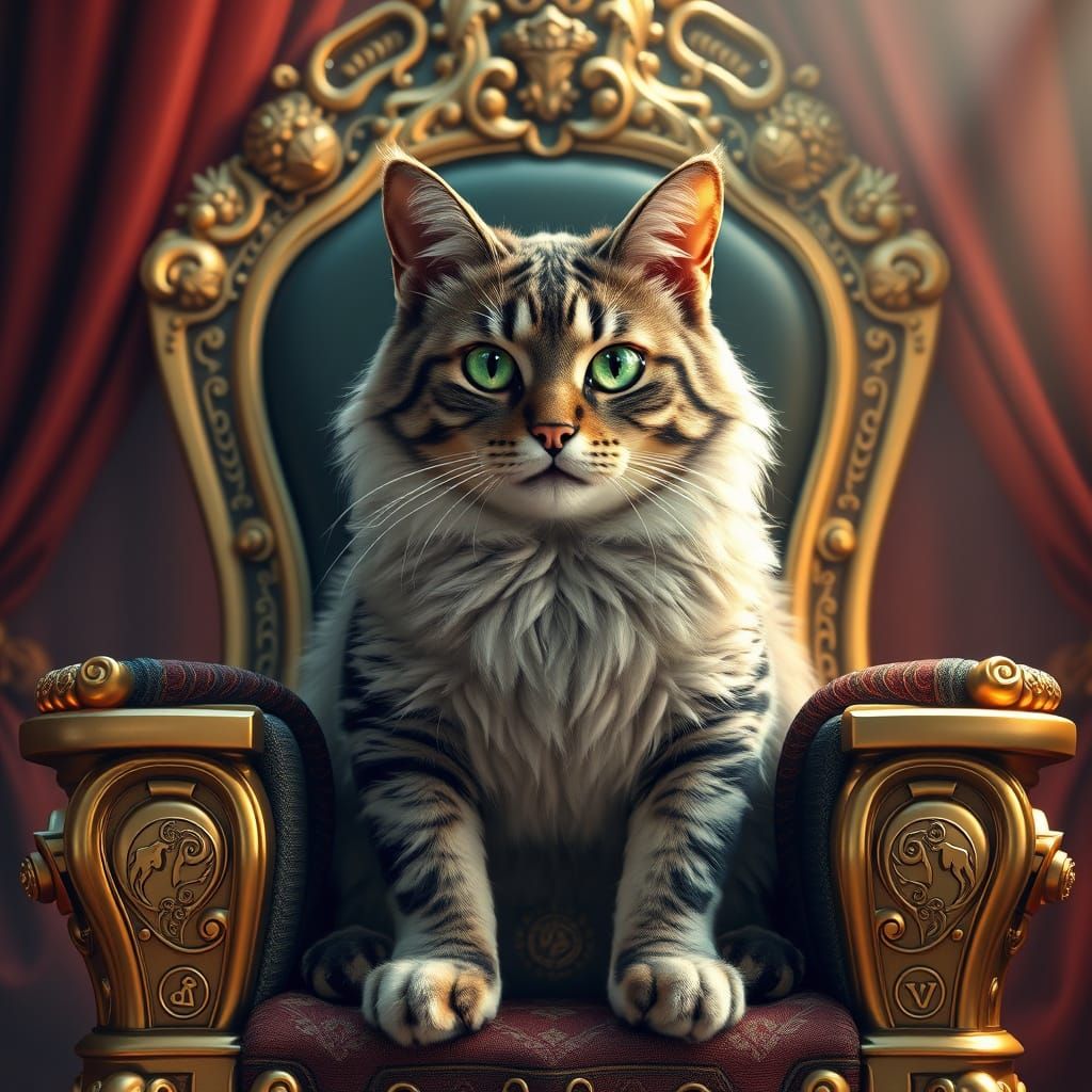 Regal Feline Monarch on Golden Throne in Hyper-Realistic Sty...