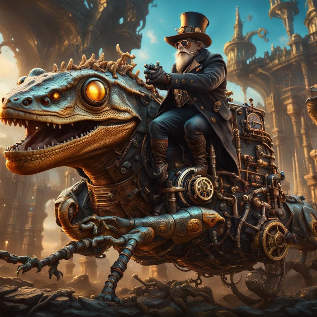 Steampunk Wizard on Cyborg Gecko: Detailed Fantasy Art