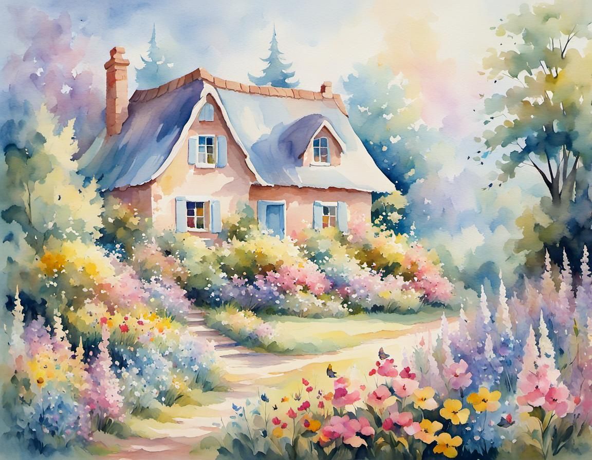 Impressionist Cottage Garden Scene in Watercolor Style