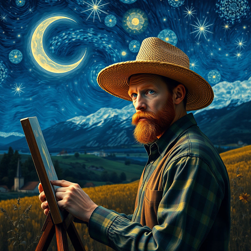 Painter in Field at Night Under Starry Sky