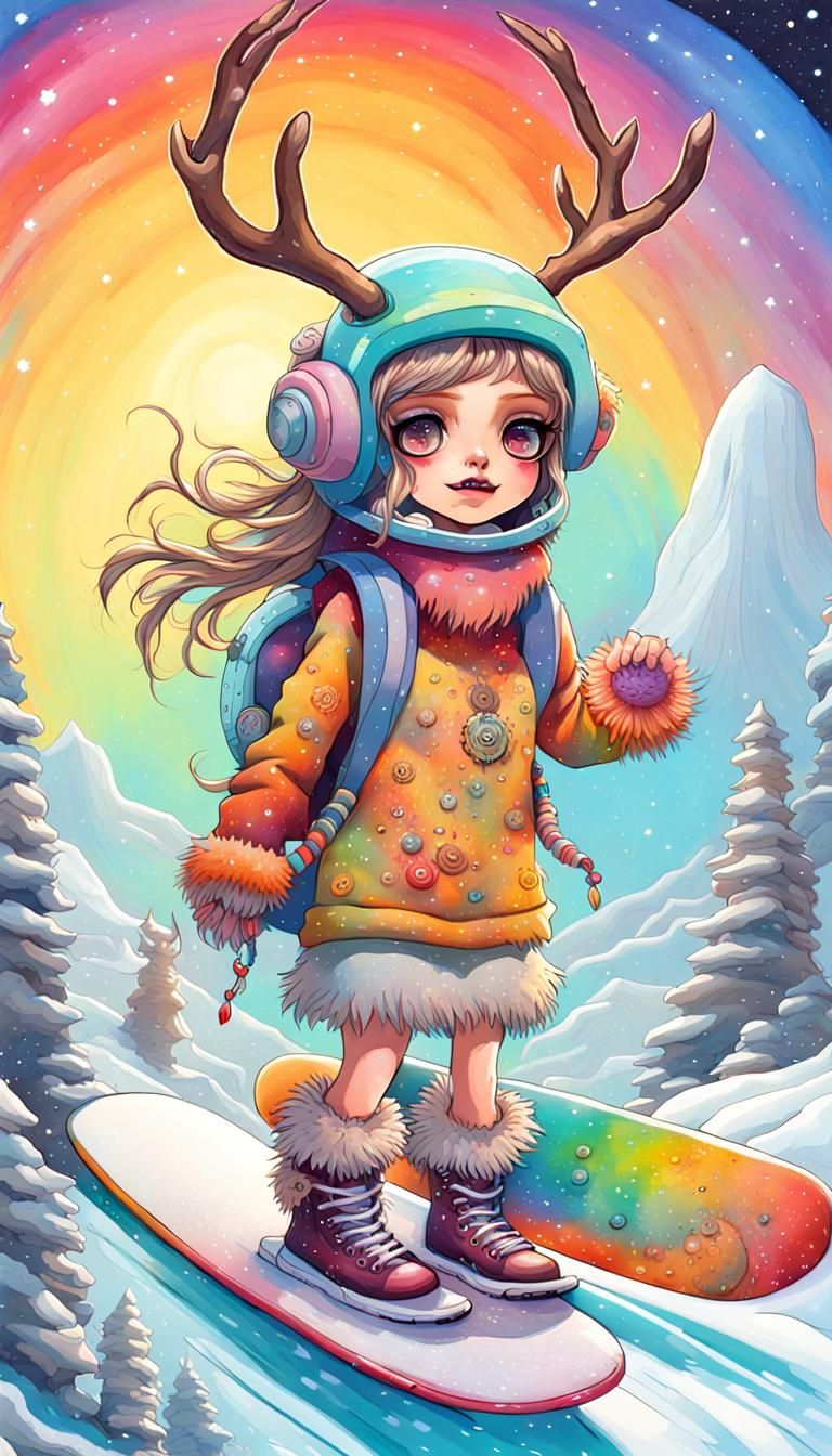 Reindeer monster girl surfing ice snowboard, Ice sculpture, ...