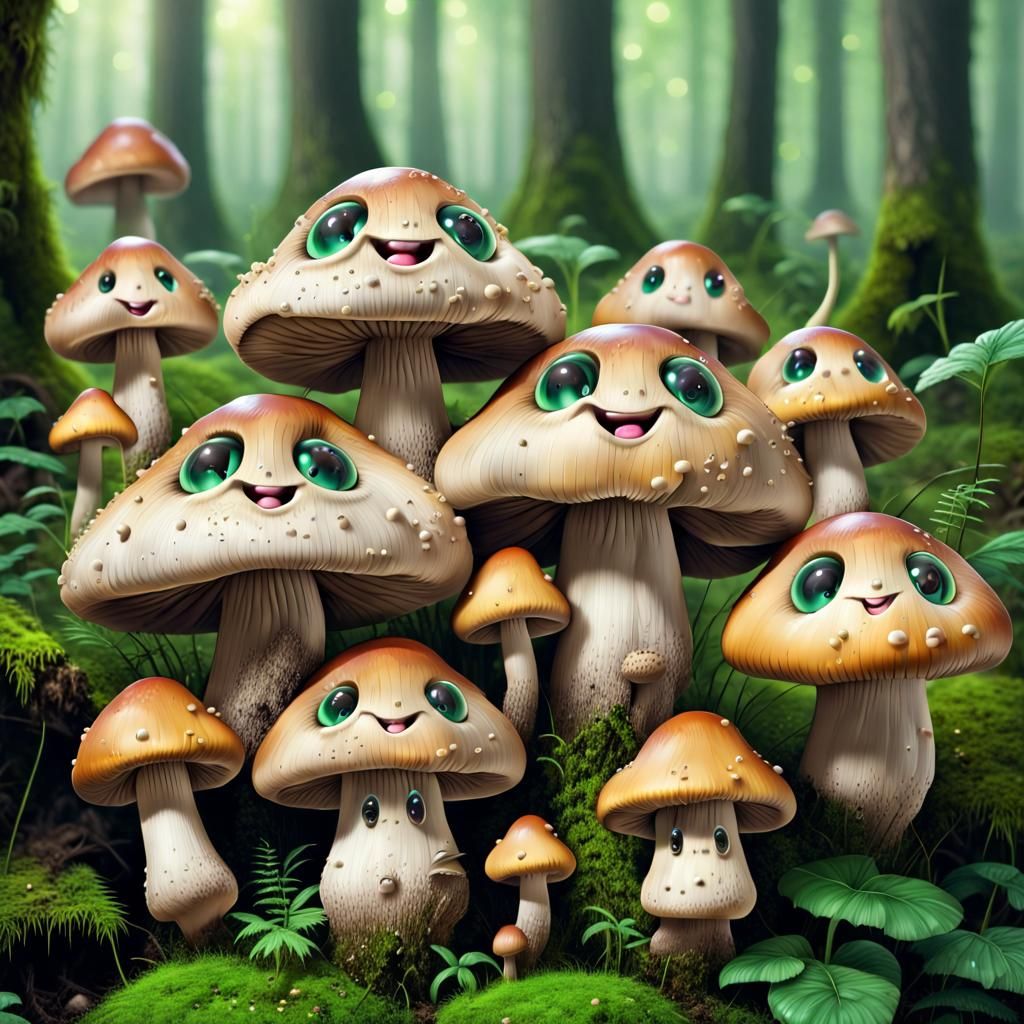 Anthropomorphic Mushrooms in Lush Forest: Detailed Render