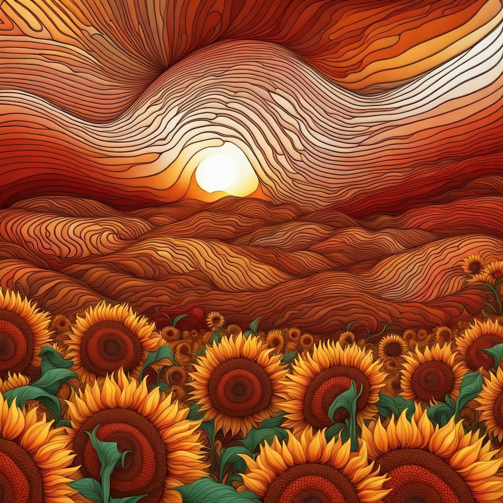 Sunflower Field Under Fire Red Sky
