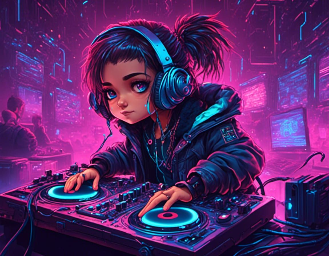 Chibi Cyberpunk DJ in Urban Style