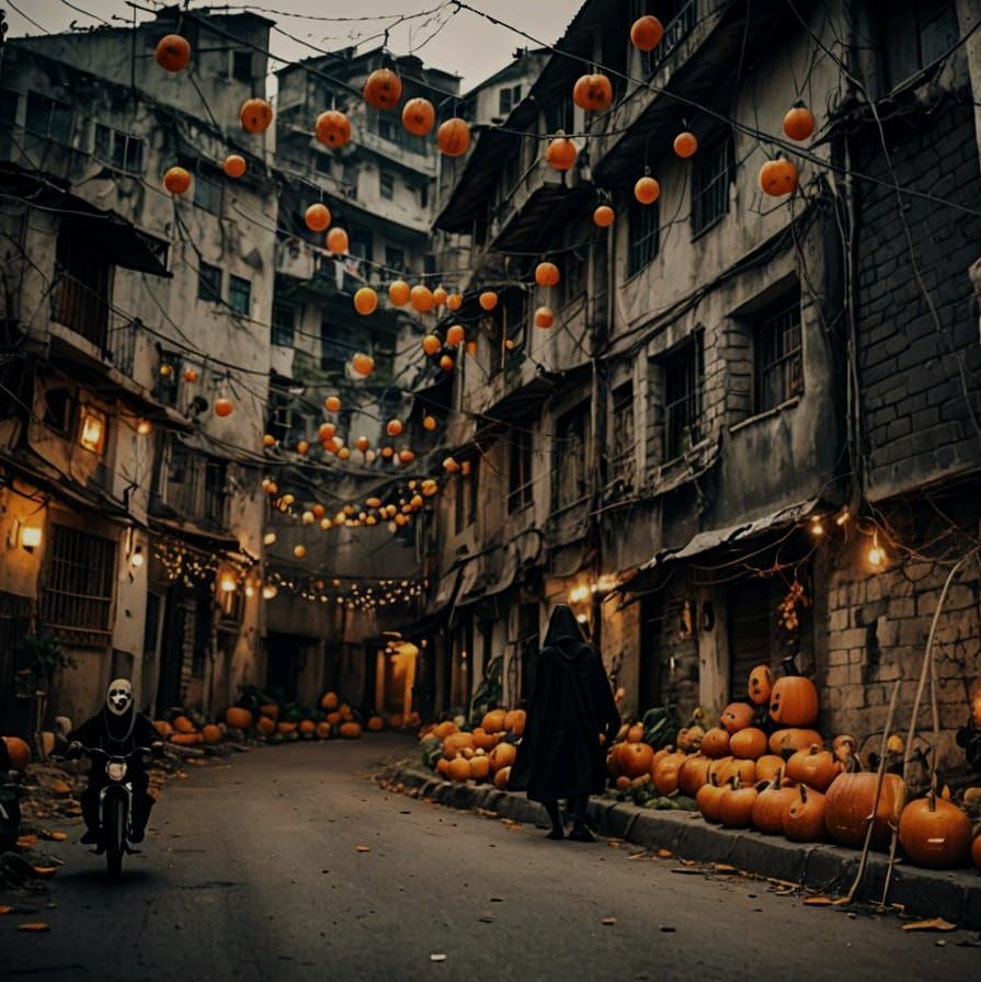 Creepy Halloween Favela Scene with Grim Reaper