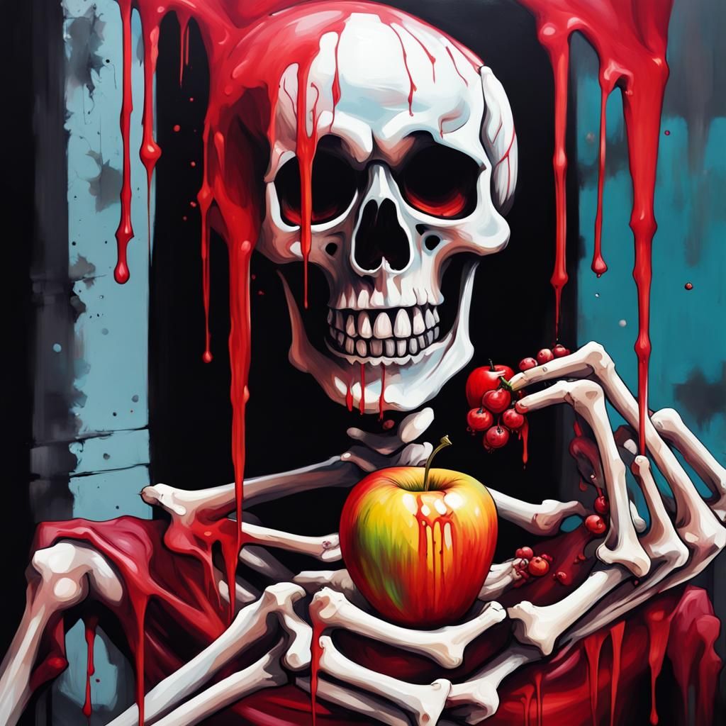Bloody Skeleton with Apple in Graffiti Art