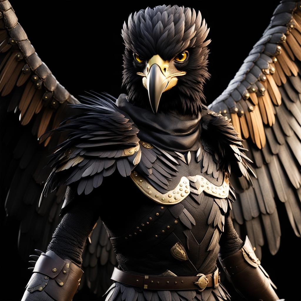 aarakocra with wings spread female-dark hawk face, large wid...