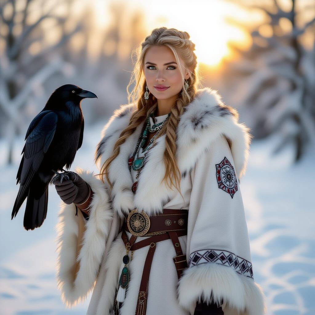 Viking Woman in Winter Sun with Raven