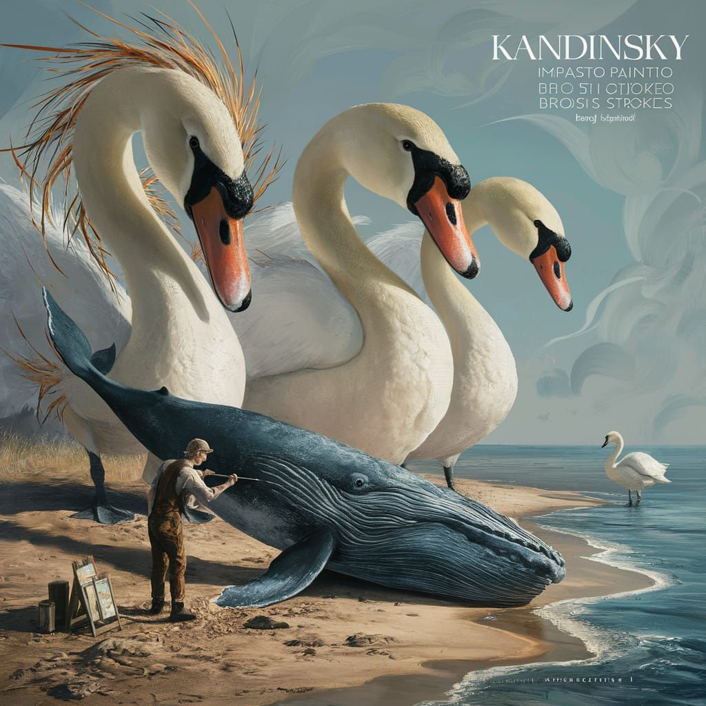 Majestic Swans on a Beach as Impasto Painting