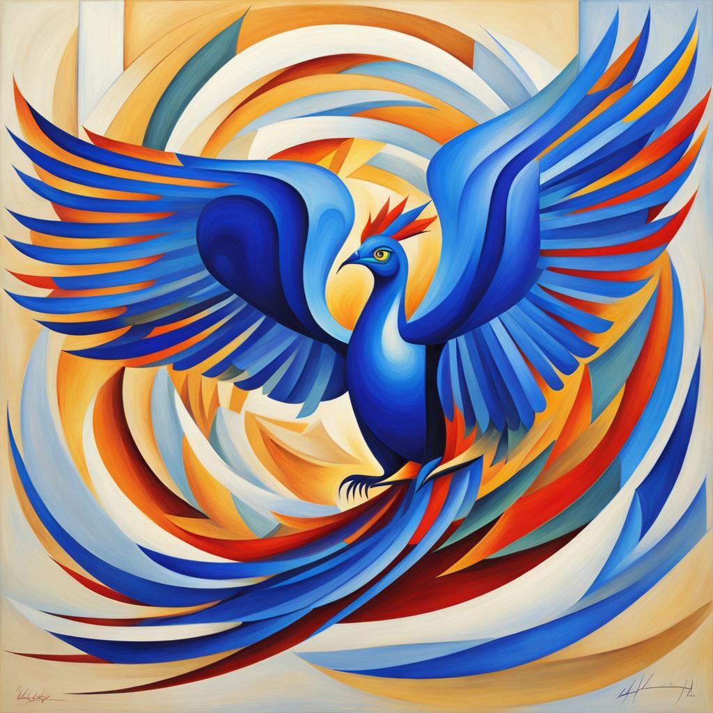 Fiery Blue Phoenix in Abstract Cubist Style