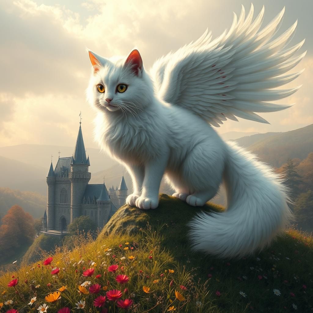 Winged Turkish Angora Cat over Medieval Castle
