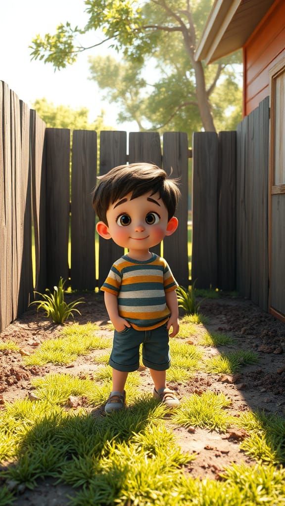 Hopeful Young Boy Stands in a Vibrant, Hyperrealistic Backya...