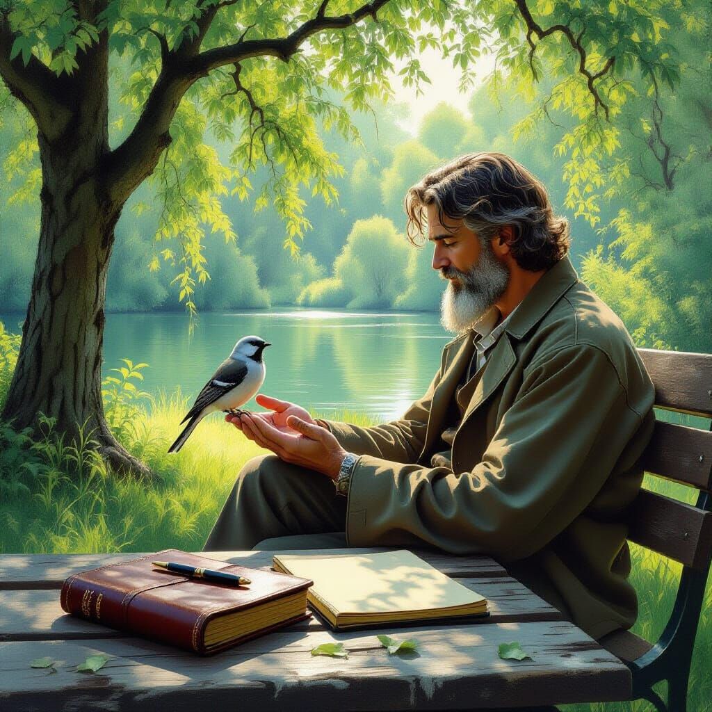 Poet with Bird of Intuition in Park, Notebook & Pen