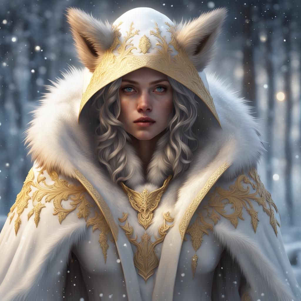 Winter Creature in White and Gold Cloak