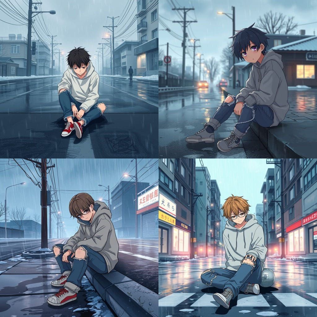 Miserable Youth in Rainy Winter Landscape