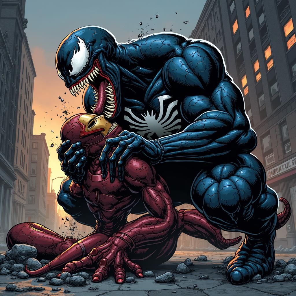 Venom Devouring Iron Man in Comic Book Style