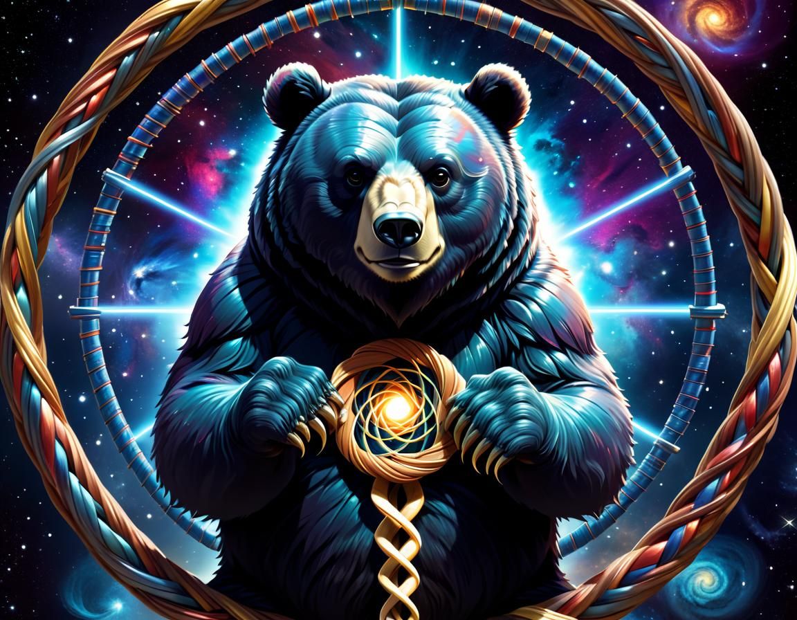 Futuristic Bear Weaving a Helix with Fractals