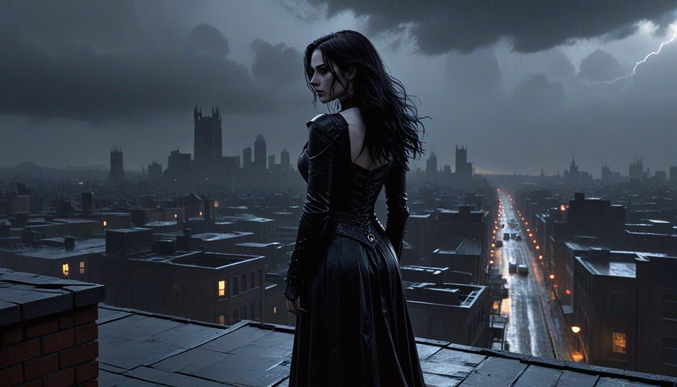 Gothic Woman Overlooking Rainy City