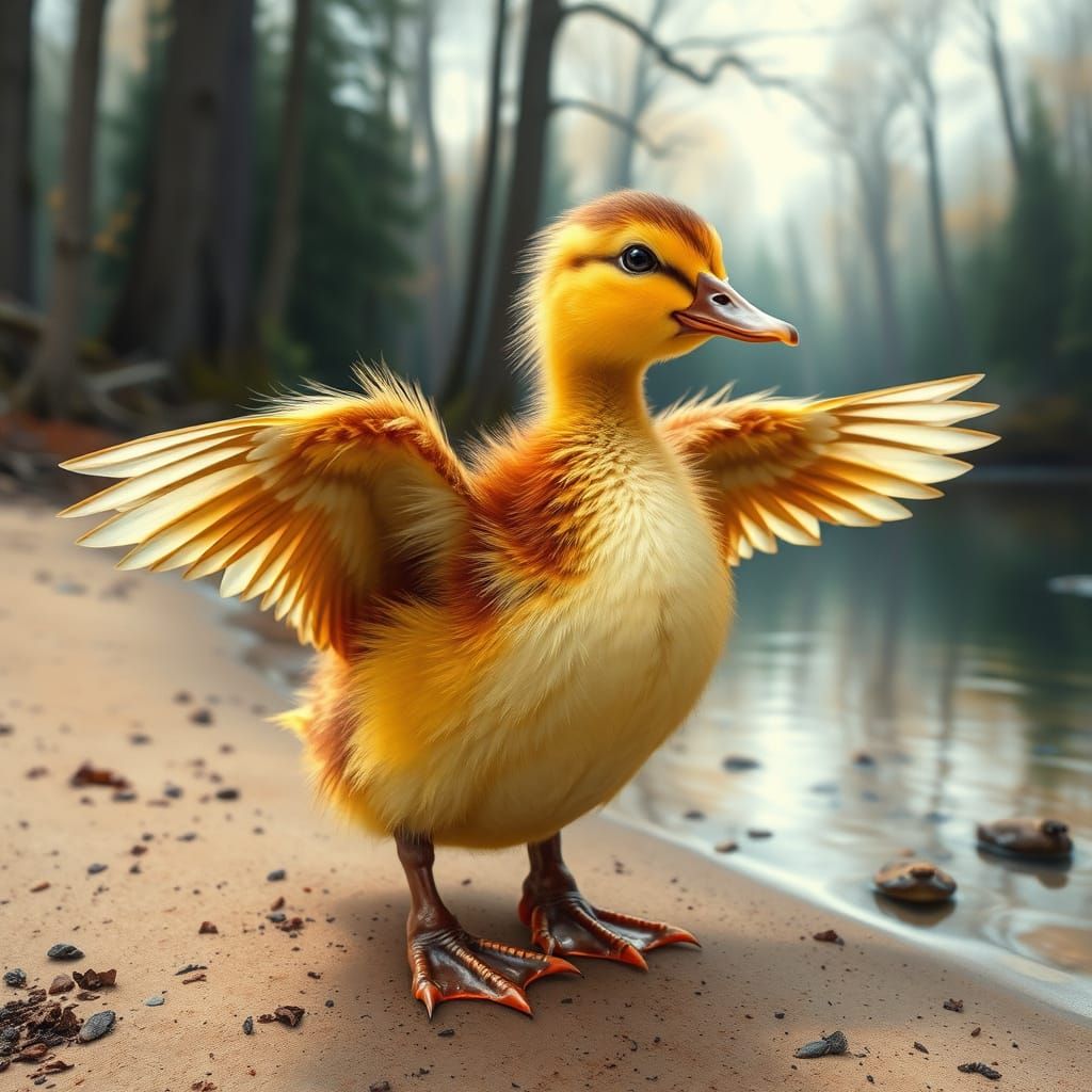 Duckling Spreading Wings: Storybook Illustration