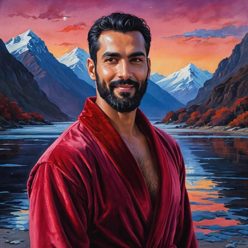 Elegant Gentleman in Soft Velvet Bathrobe by a Serene Mounta...