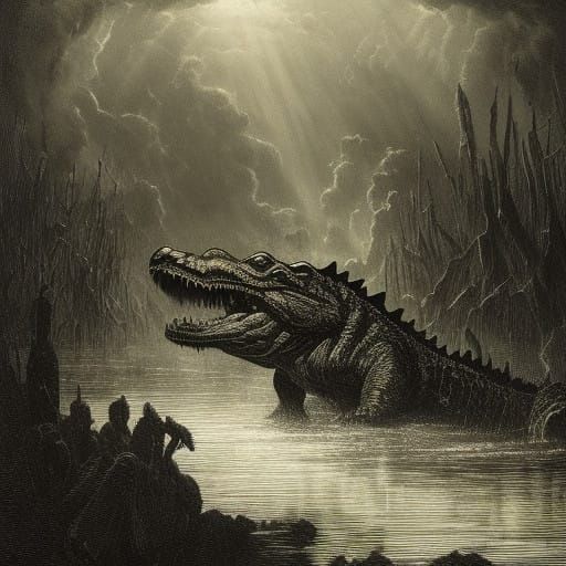 Dark Fantasy Alligator Emerges from Murky Depths