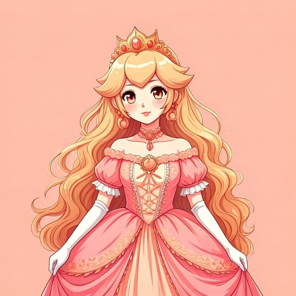 Peach-Like Young Woman in Candy Pink Dress, Anime Style