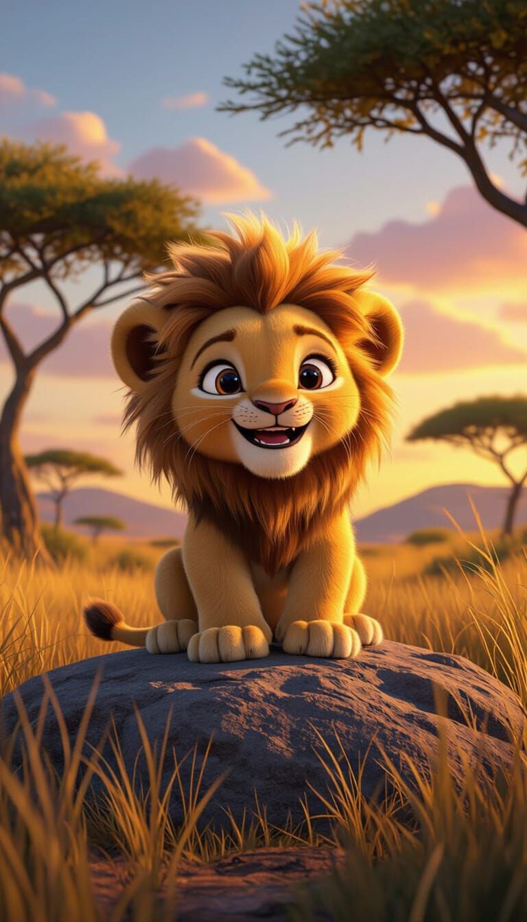 Cute Baby Lion Cub in 3D Cartoon Style