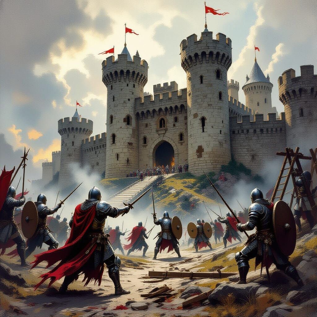 Medieval Knights Siege Castle in Gritty Fantasy Art Style