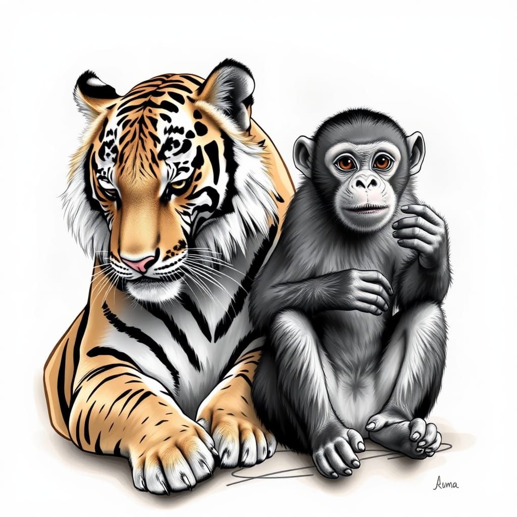 Tiger and Monkey Work Together as Team