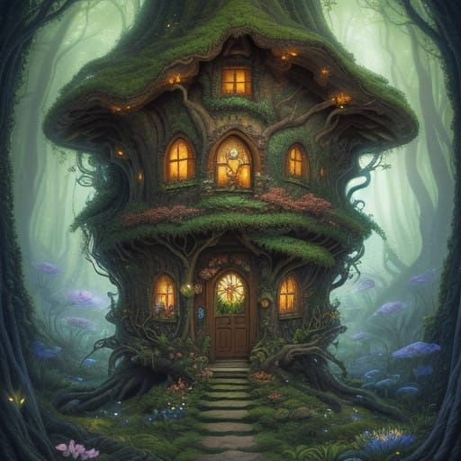 Surreal Whimsical Fairy Village Deep in Ancient Woods