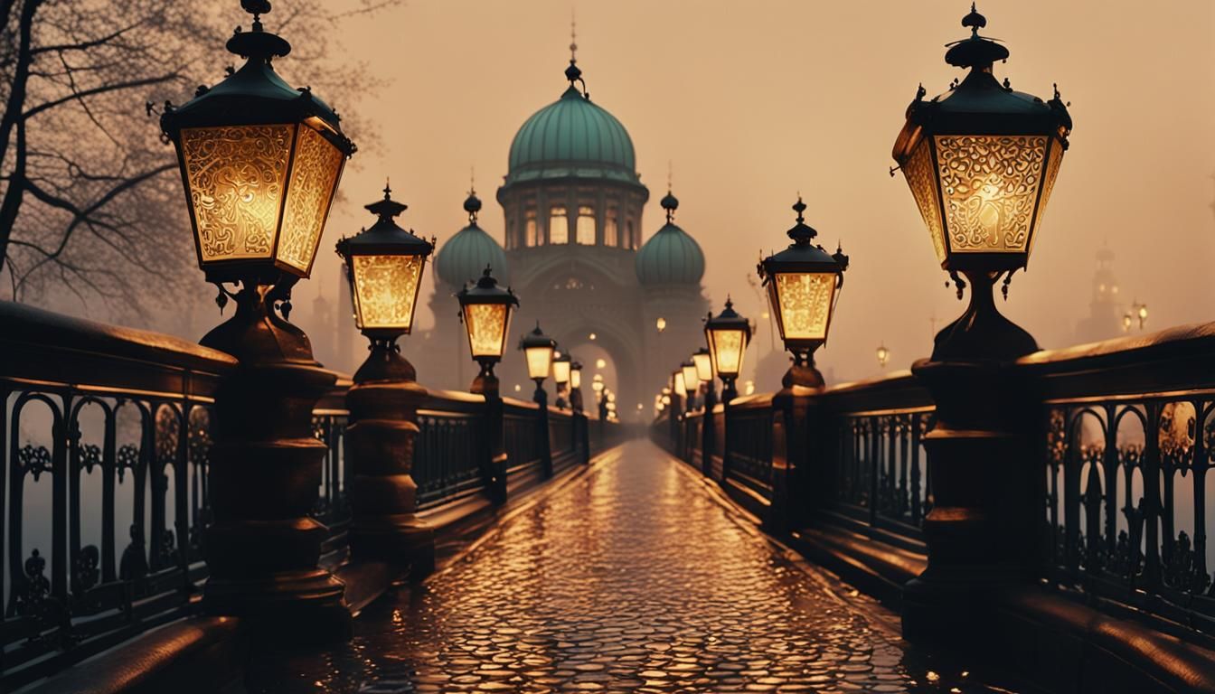 Art Nouveau Bridge at Dusk in Klimt Style