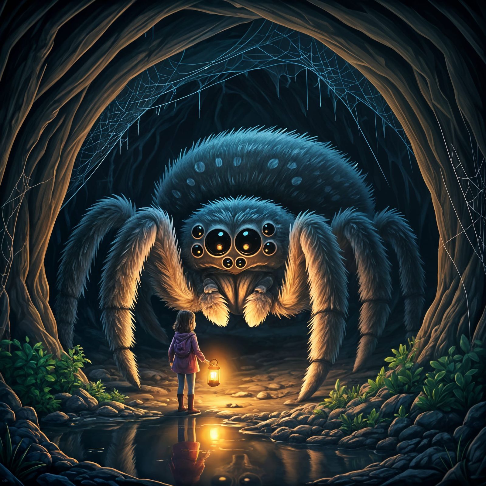 Girl Meets Giant Friendly Spider in Cave