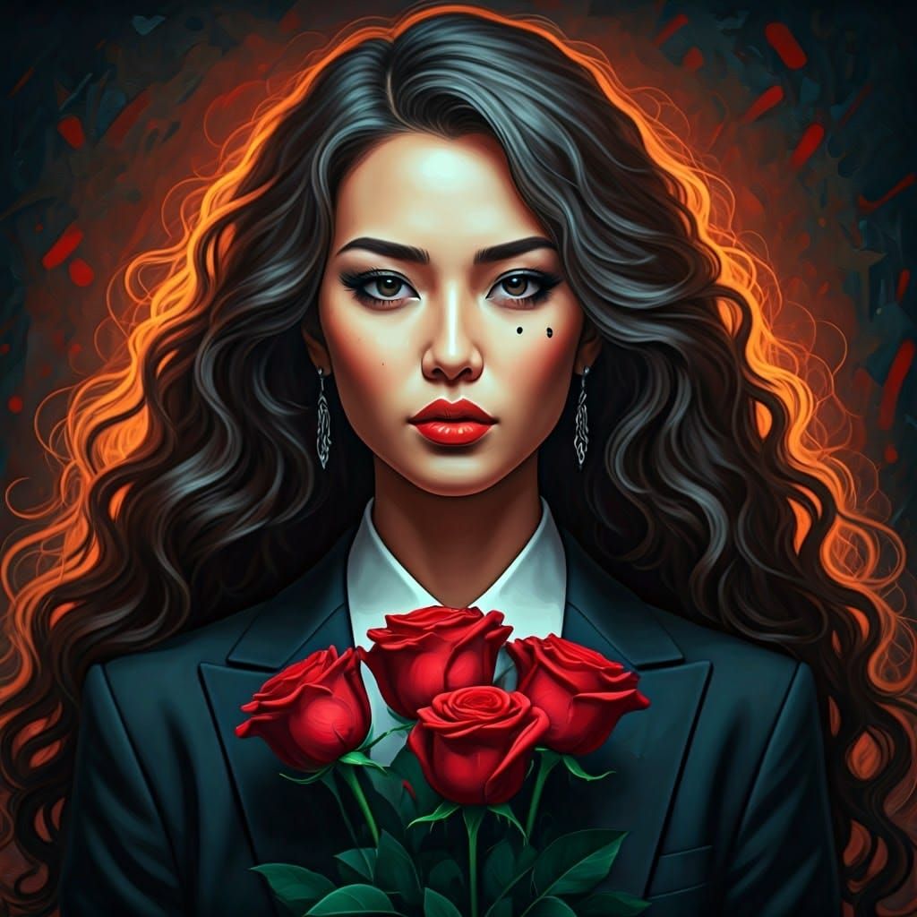 Oriental Woman in Suit with Roses, Abstract Expressionism