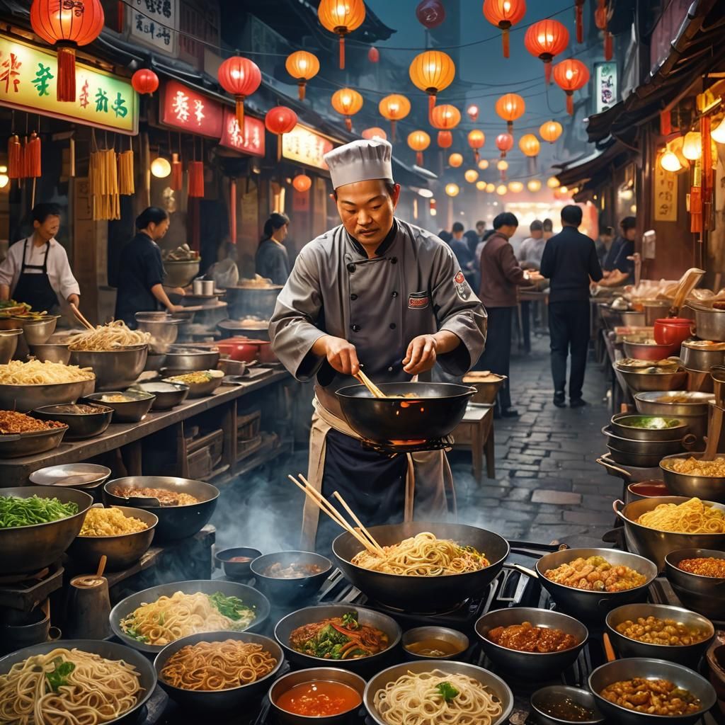 Colorful Chinese Night Market Street Food Scene