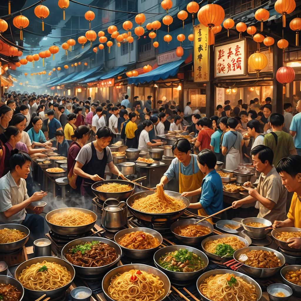 Colorful Chinese Street Food Market, Digital Art