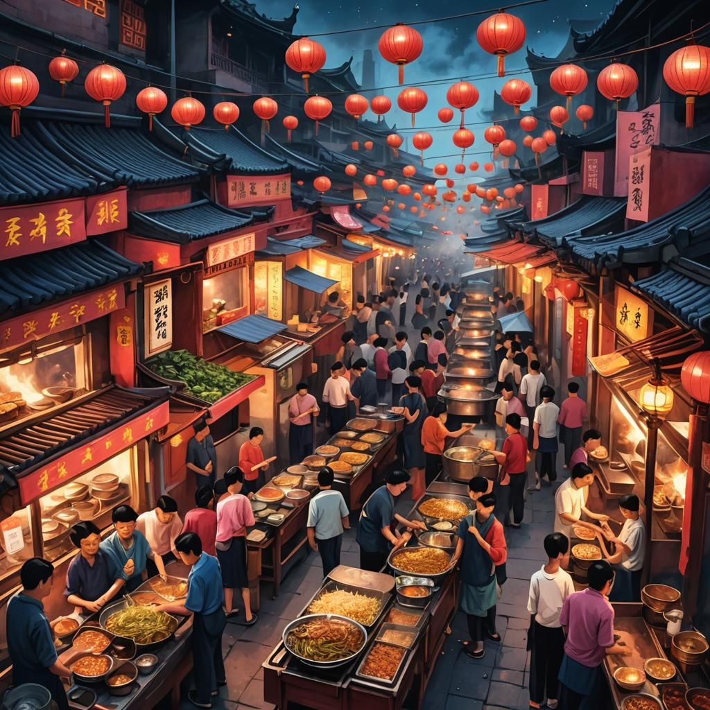 Vibrant Chinese Market Street Food Illustration