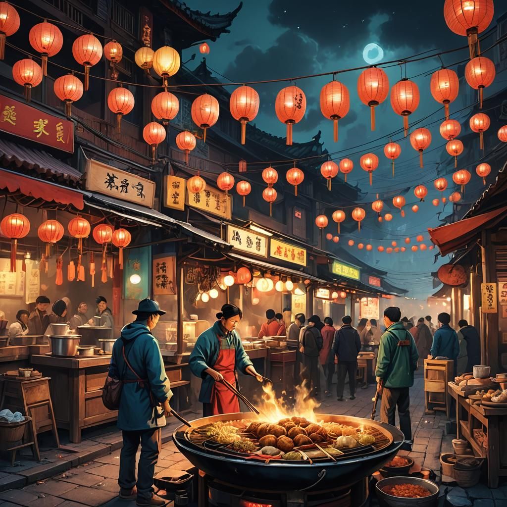Chinese Street Food Market at Night in Detailed Matte Painti...