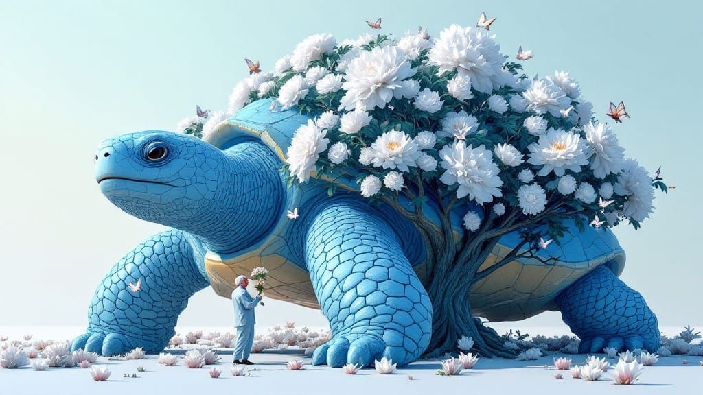 Surreal Turtle with Peony Tree in 3D Rendering