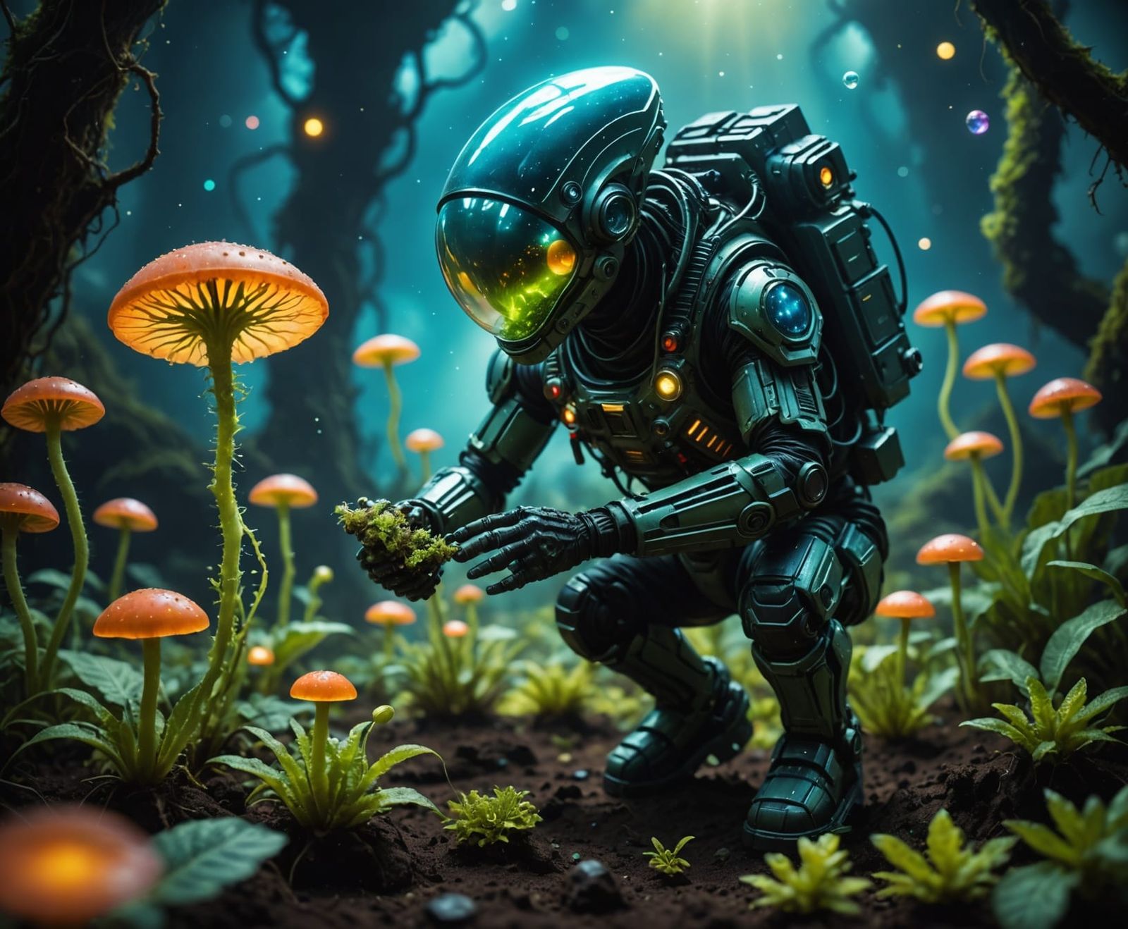 Alien botanist collecting samples from a planet of living pl...