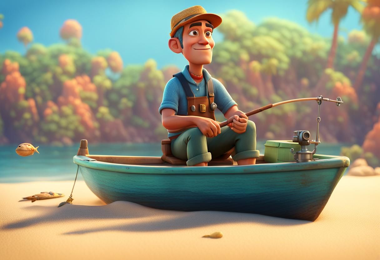 Fisherman on Boat: 3D Digital Art, Sunny Day